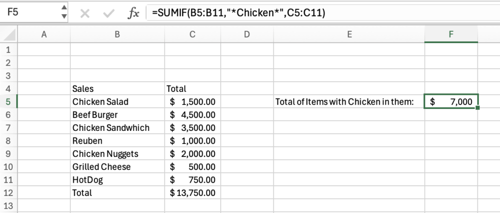 Example of a SUMIF formula using wildcards with product names and sales