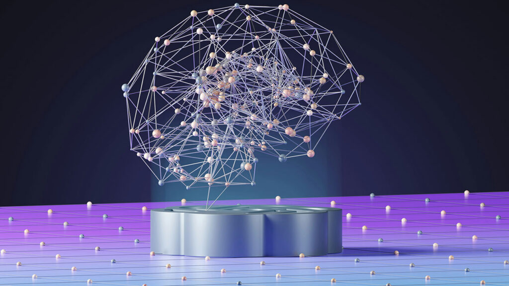 Wireframe brain model with interconnected nodes representing artificial intelligence and neural networks