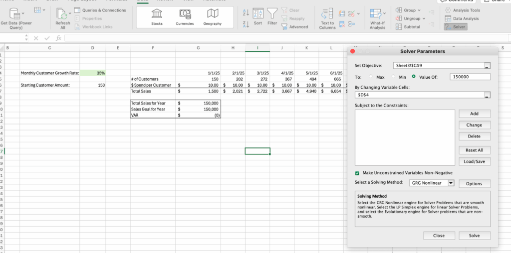Solver dialog box with a simple example problem set up