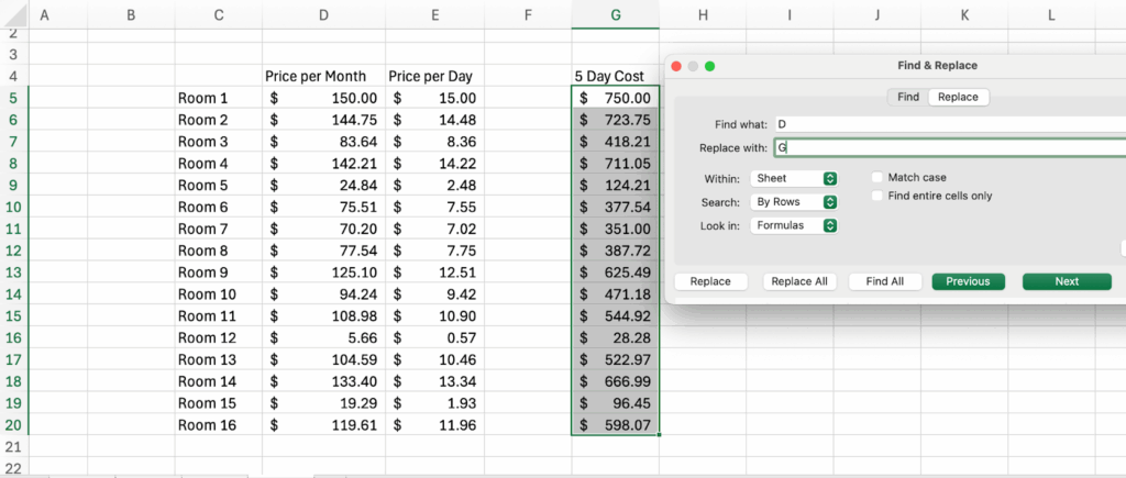 Find and Replace dialog box showing formula reference changes
