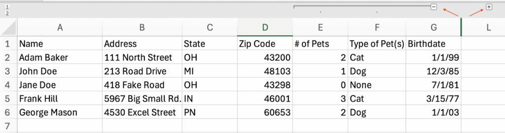 Example of grouped columns with expand/collapse buttons visible