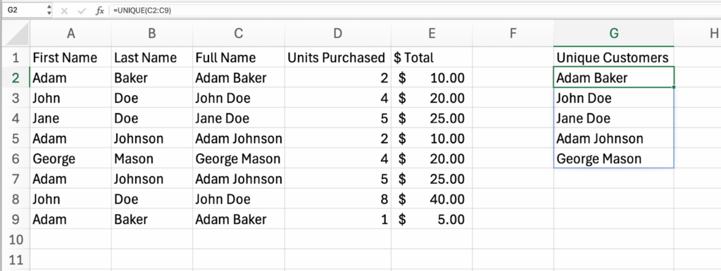 Example data with concatenated names and unique list extraction