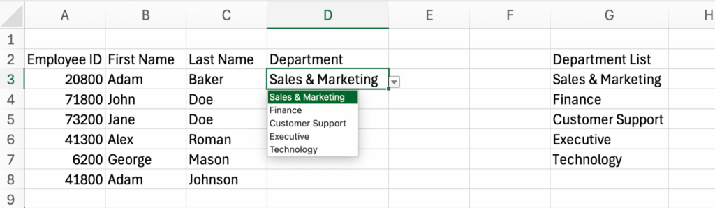 Data Validation dialog box showing list options and example dropdown in a cell]