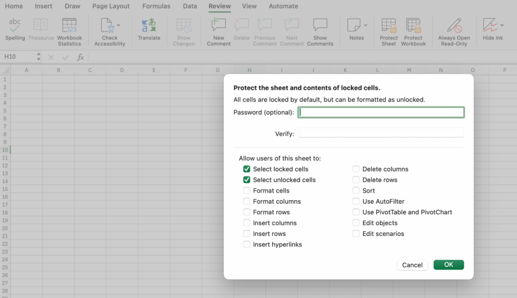 Sheet protection dialog box showing various restriction options